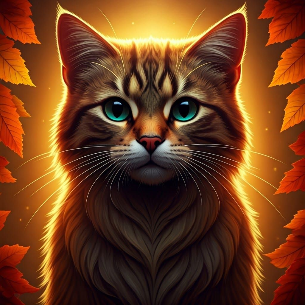 Autumn Season Cat: Whiskered feline enveloped in a radiant a...
