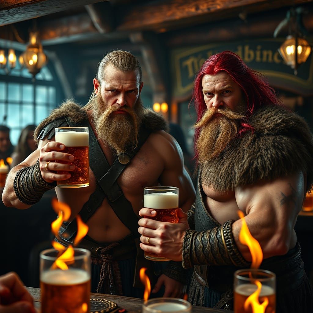 Viking Tavern Arm Wrestling in Hyperrealistic Style