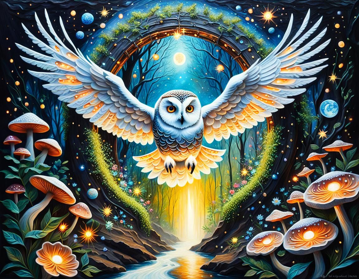 Glowing Snow Owl Enters Fairy Portal as Impasto Painting