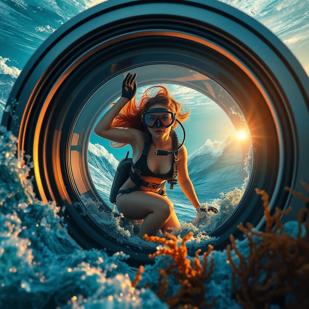 Scuba Diver in Camera Lens with Ocean Waves