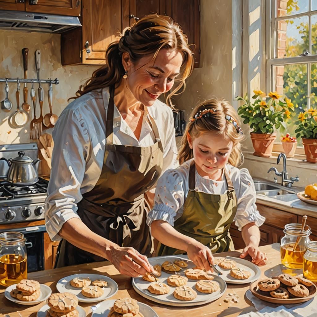 Mother and Daughter Baking Cookies: Oil Painting
