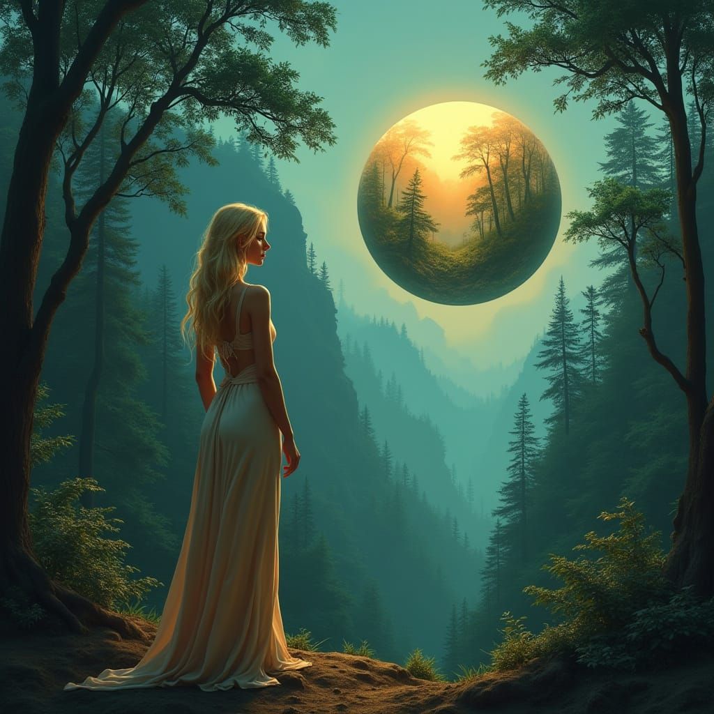 Woman with Orb Overlooking Forest in Dreamlike Style