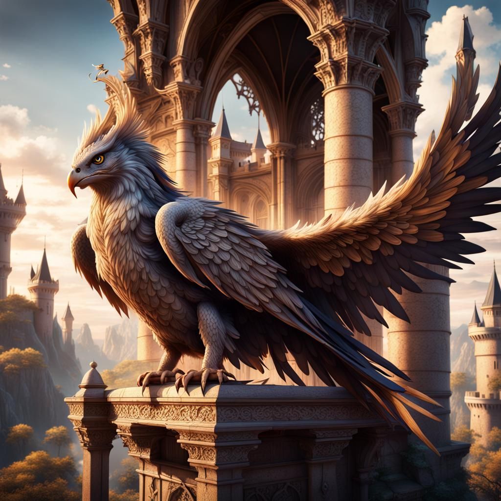 e lace becoming a lace gryphon perched atop a lace castle in a lace fantasy world.