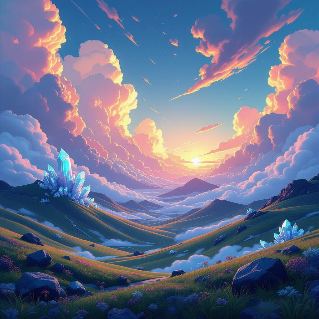 Dreamlike Landscape with Crystalline Structures in Digital A...