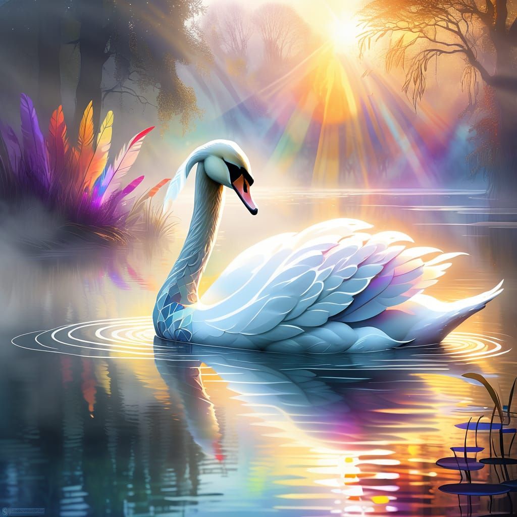 Stained Glass Swan Gliding on Misty Lake