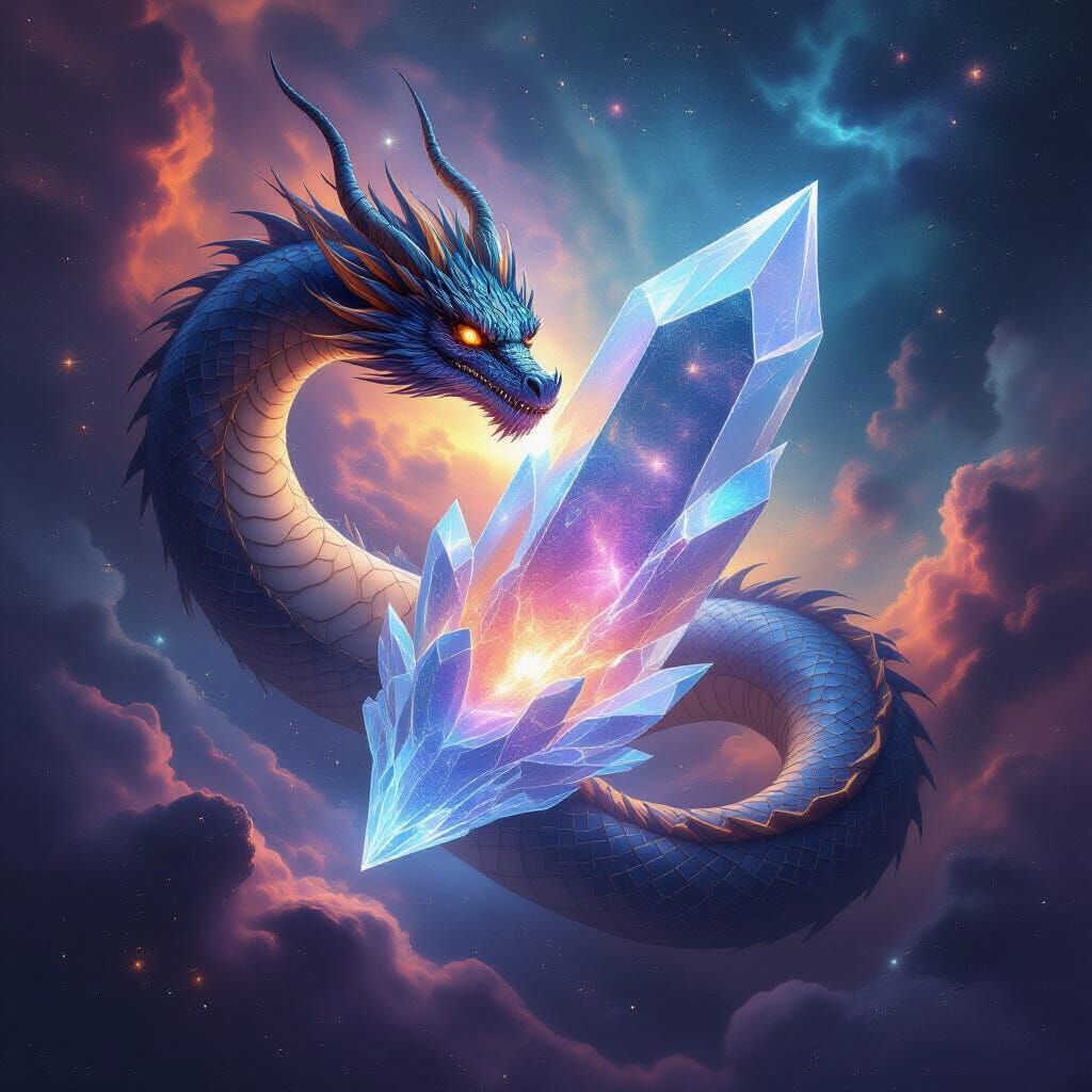 Celestial Dragon Coils Around Arcane Crystal