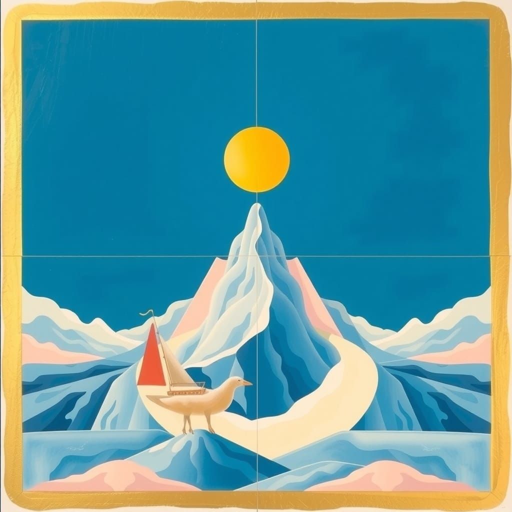 Surreal Precisionist Gouache in Gold and Ultramarine