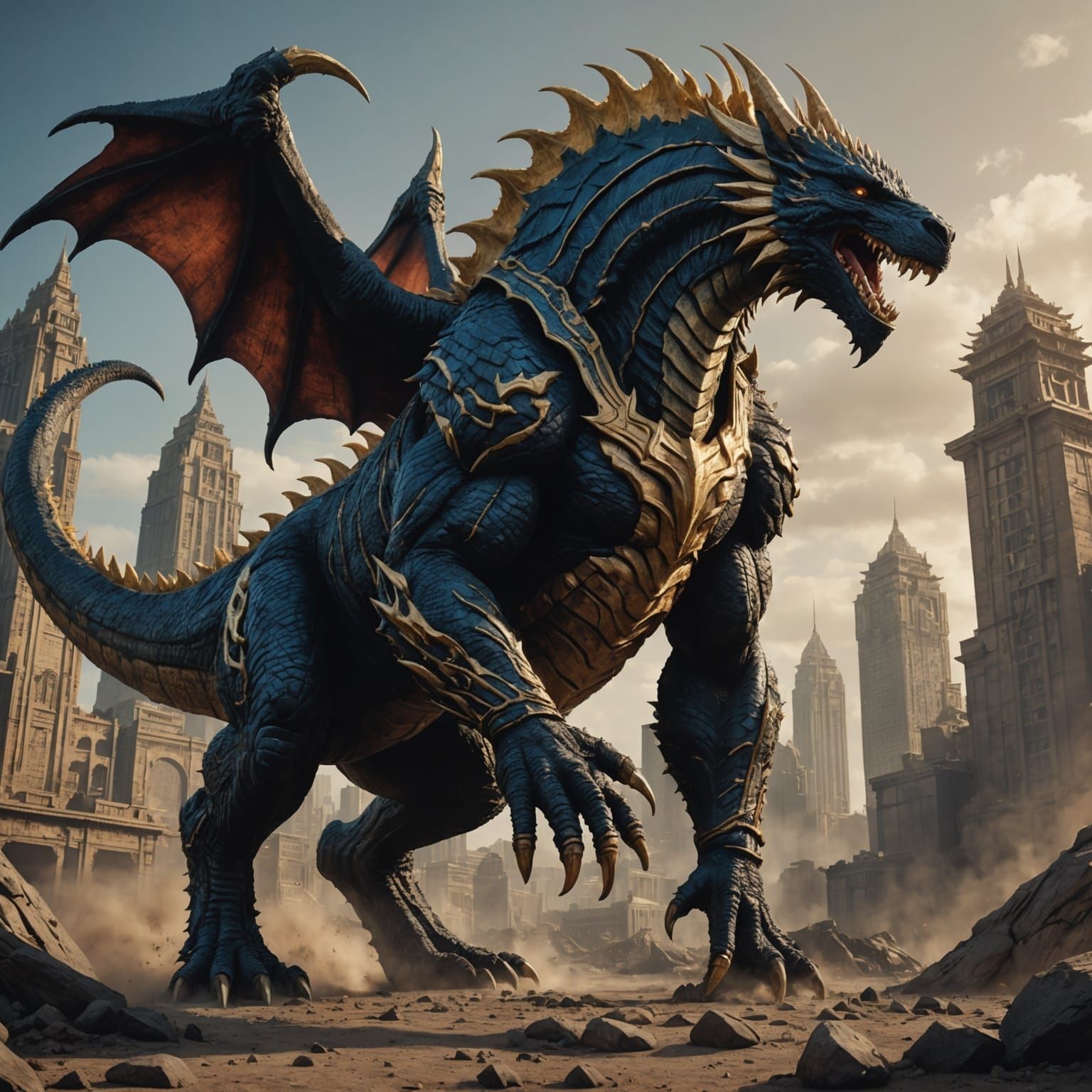 Muscular Anubis Godzilla Dragon: Detailed Matte Painting