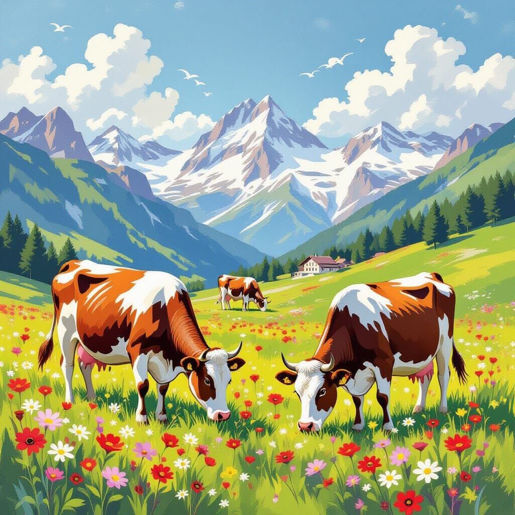 Whimsical Cows with Ornate Bells in Alpine Meadow