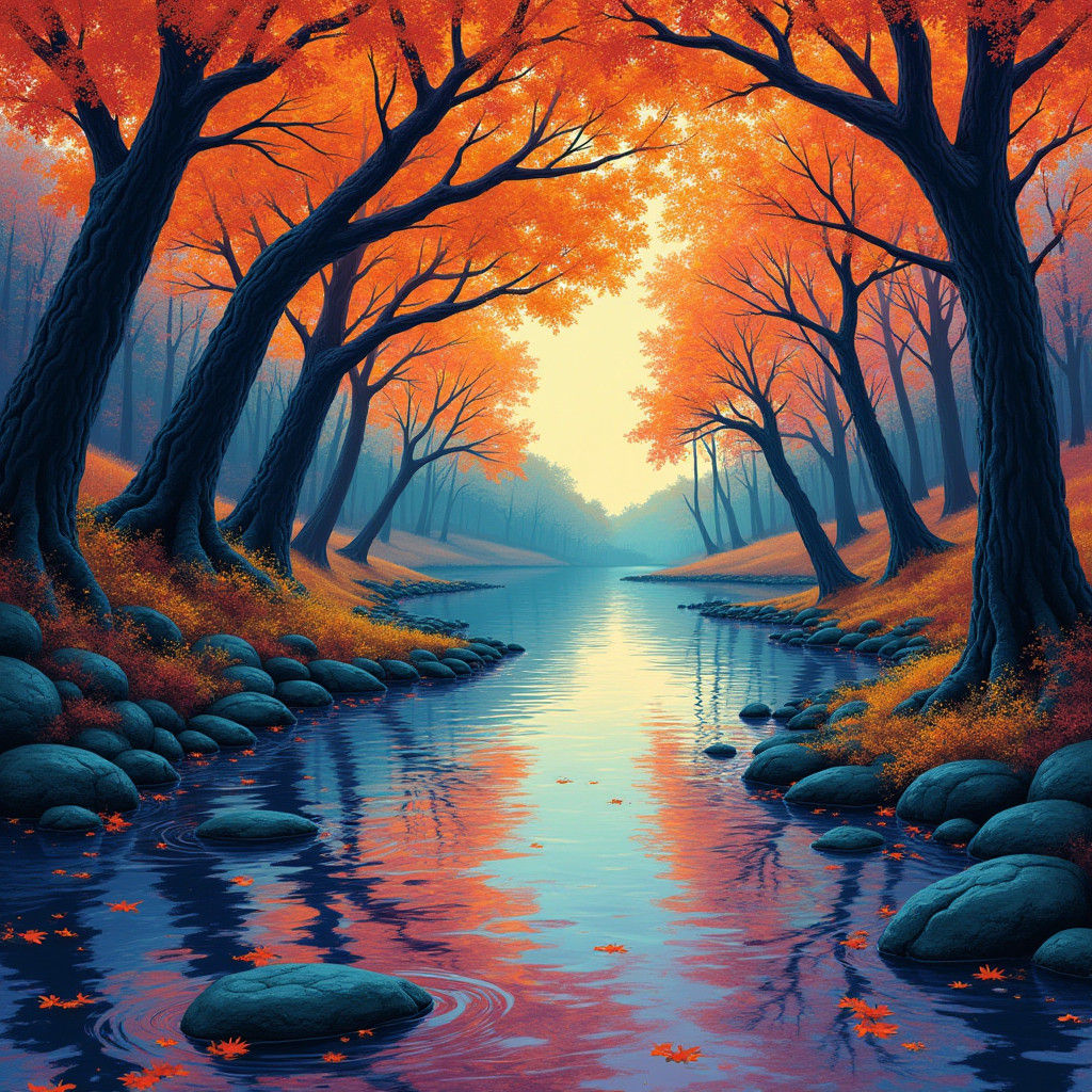 Psychedelic Autumn River Scene in Surrealist Style