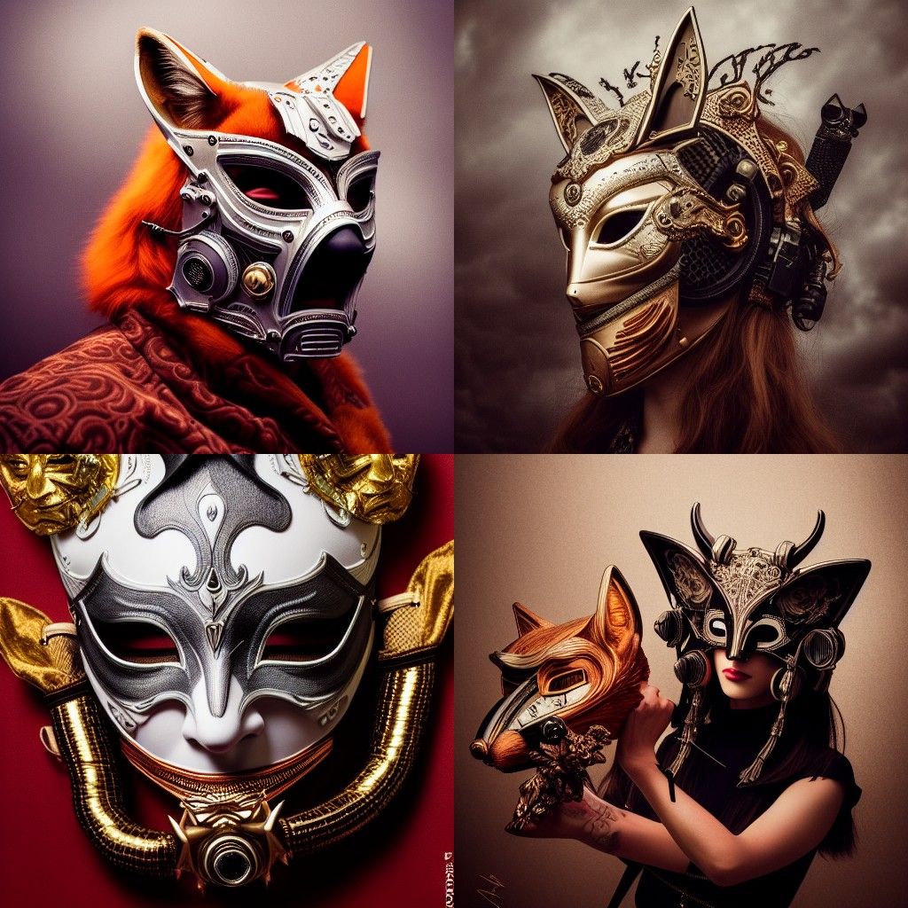 Cyberpunk Face with Fox Mask and Floral Design