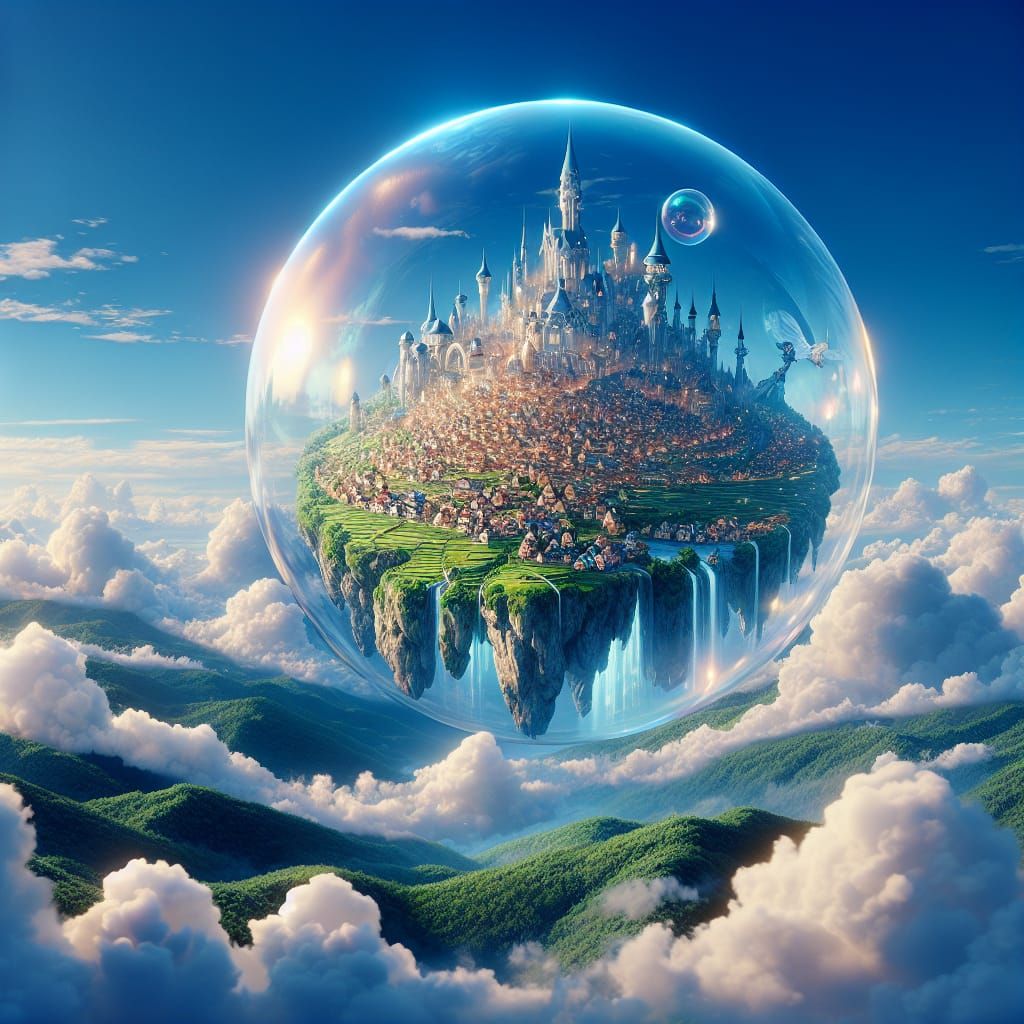 Floating City in Crystal Bubble, Whimsical Japanese Fantasy