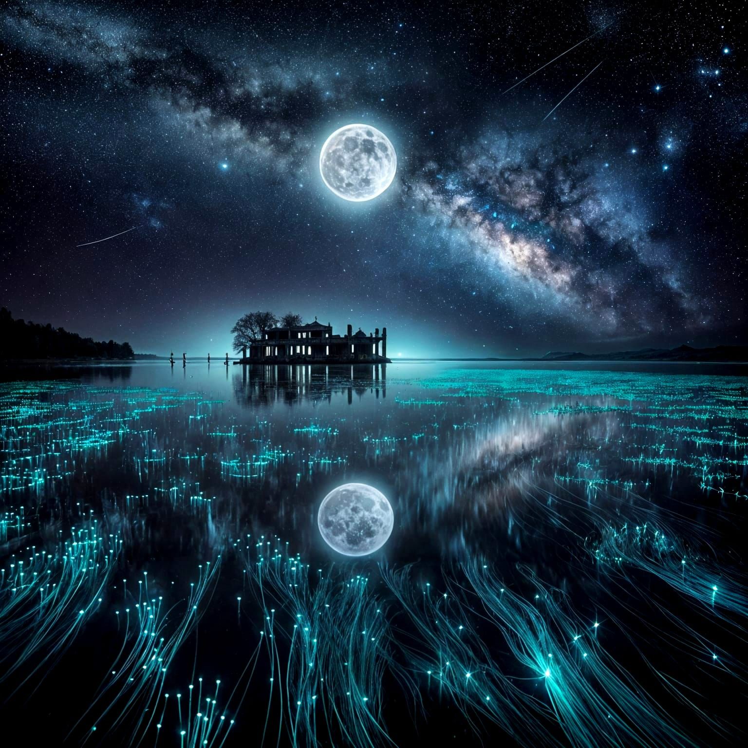 Celestial Dreamscape with Radiant Moonlit Lake