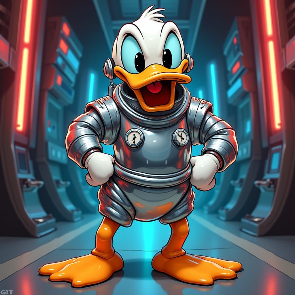Heroic Donald Duck in Retro-Futuristic Chrome Spacesuit
