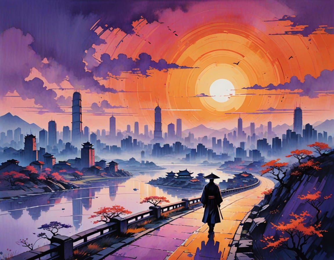 Futuristic Cityscape: Chinese Ink Painting in Vector Art
