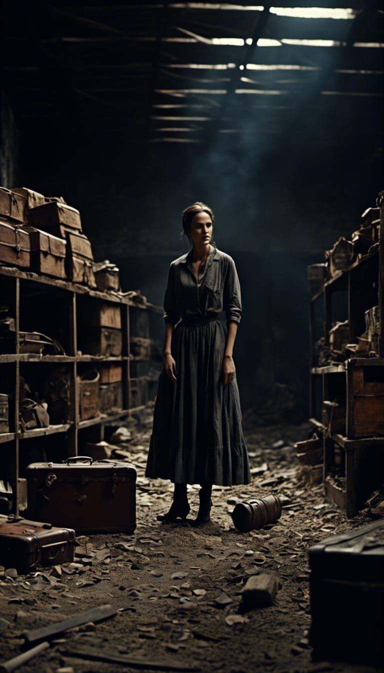 Dramatic Warehouse Confrontation in Film Still Style