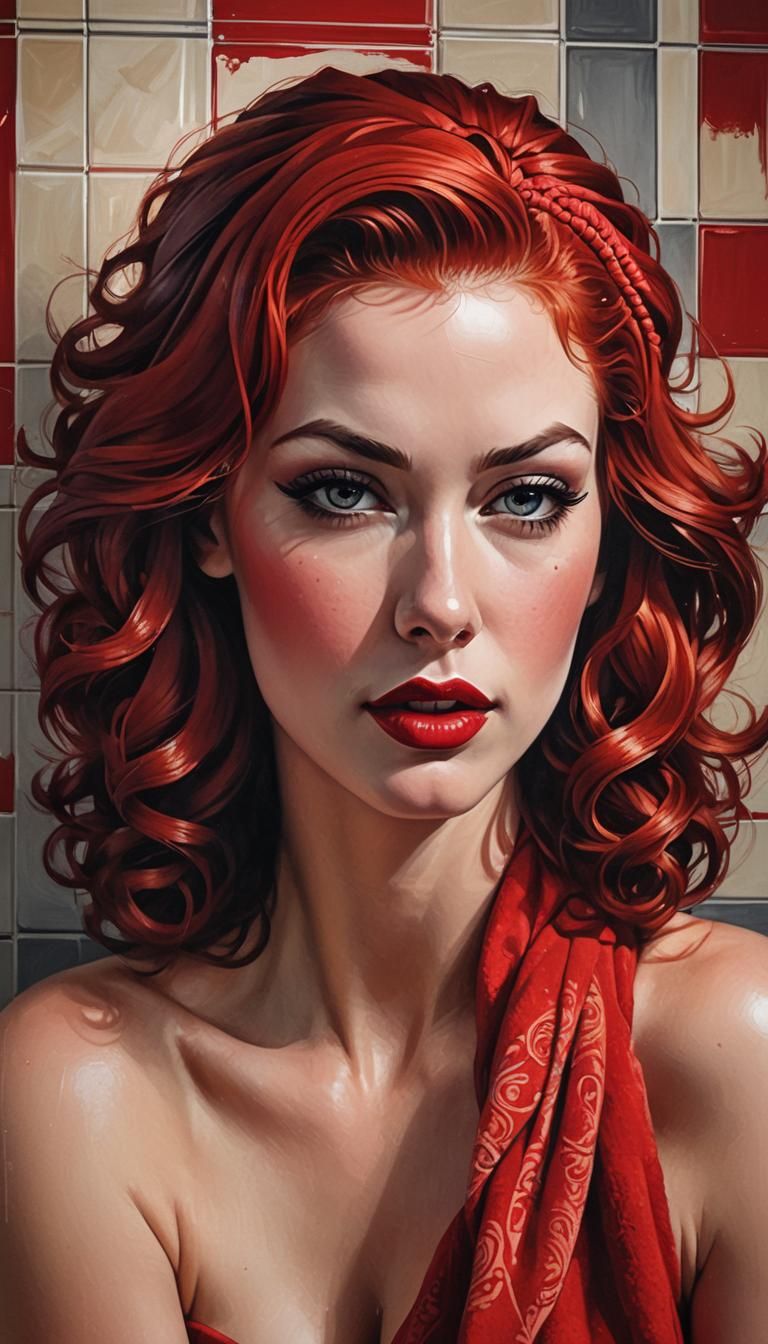 Red-Haired Woman in Bathroom, Pen and Ink Pin-Up