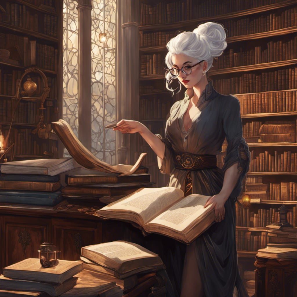 Celestial Woman Studies Tome in Fantasy Library