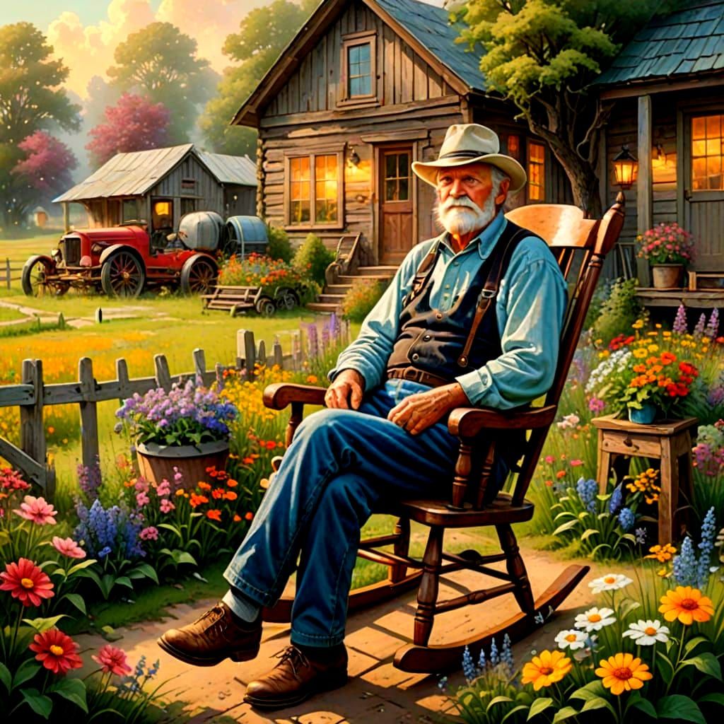 Grandpa on Farmhouse Porch in Ethereal Style