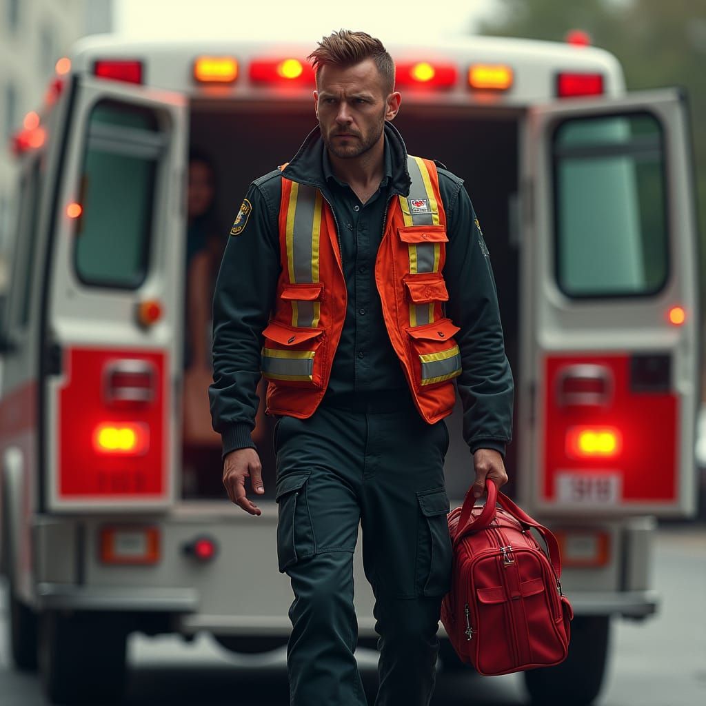 Paramedic Emerges from Ambulance: Dramatic Pencil Sketch