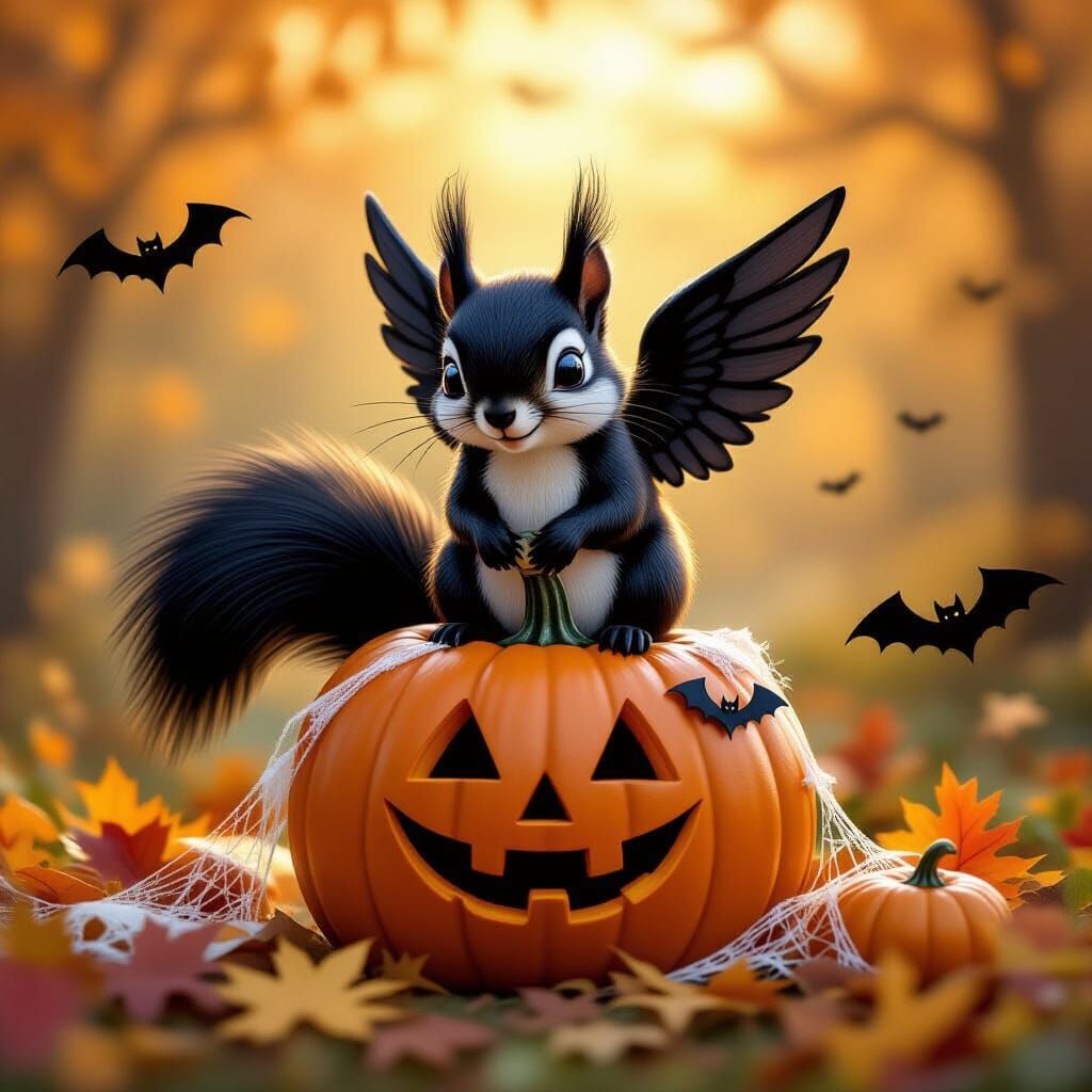 Cute Black Squirrel with Angel Wings on Halloween Pumpkin