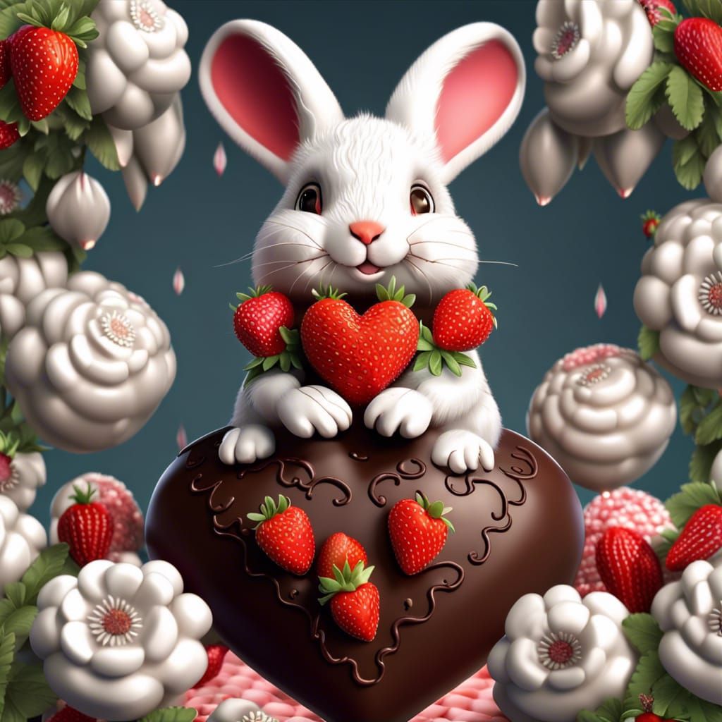 Fluffy Bunny on Chocolate Heart, Digital Art