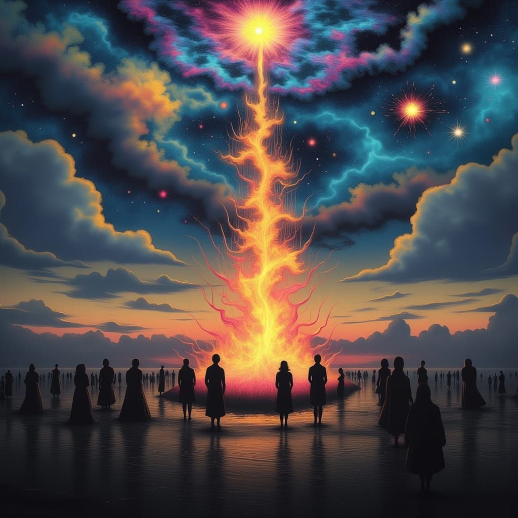 Bonfire on Beach in Luminous Surrealism Style