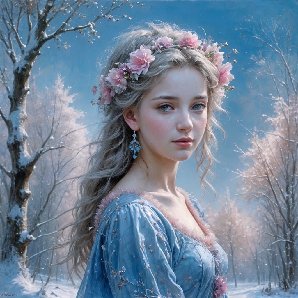Winter Princess in Blue and Pink: Romantic Painting