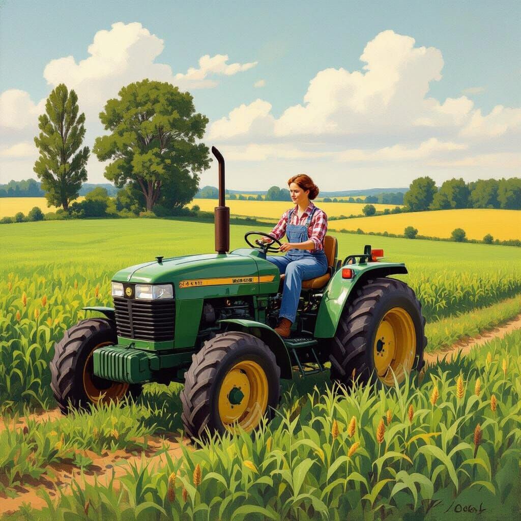 Woman Driving Tractor, Rural Landscape Art