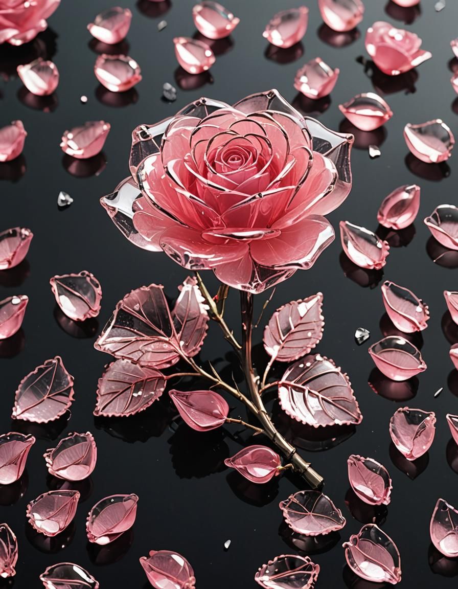 Fragile Pink Glass Rose with Broken Petals