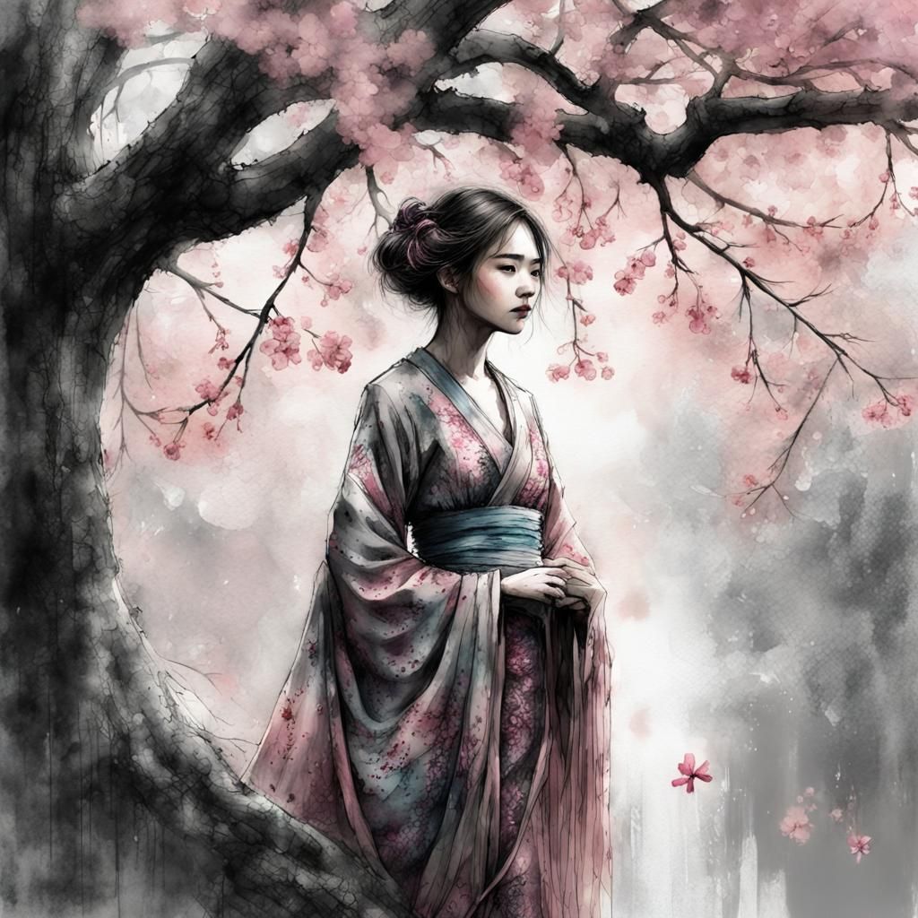 Sakura Tree Woman: Fantasy Watercolor Art