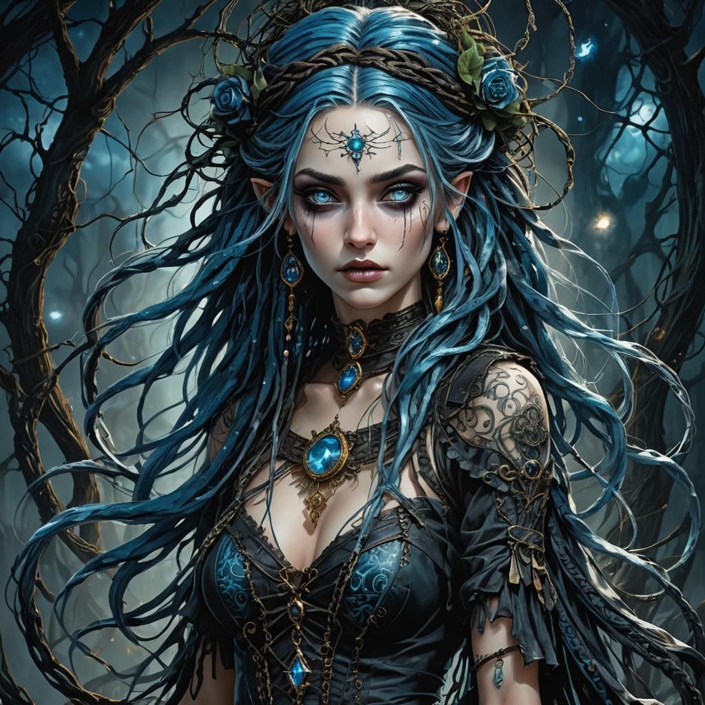 Beautiful Witch with Bioluminescent Background in Digital Ar...