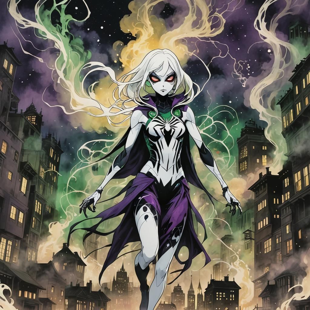 Spider-Gwen in Studio Ghibli Style, Dark Fantasy Concept Art