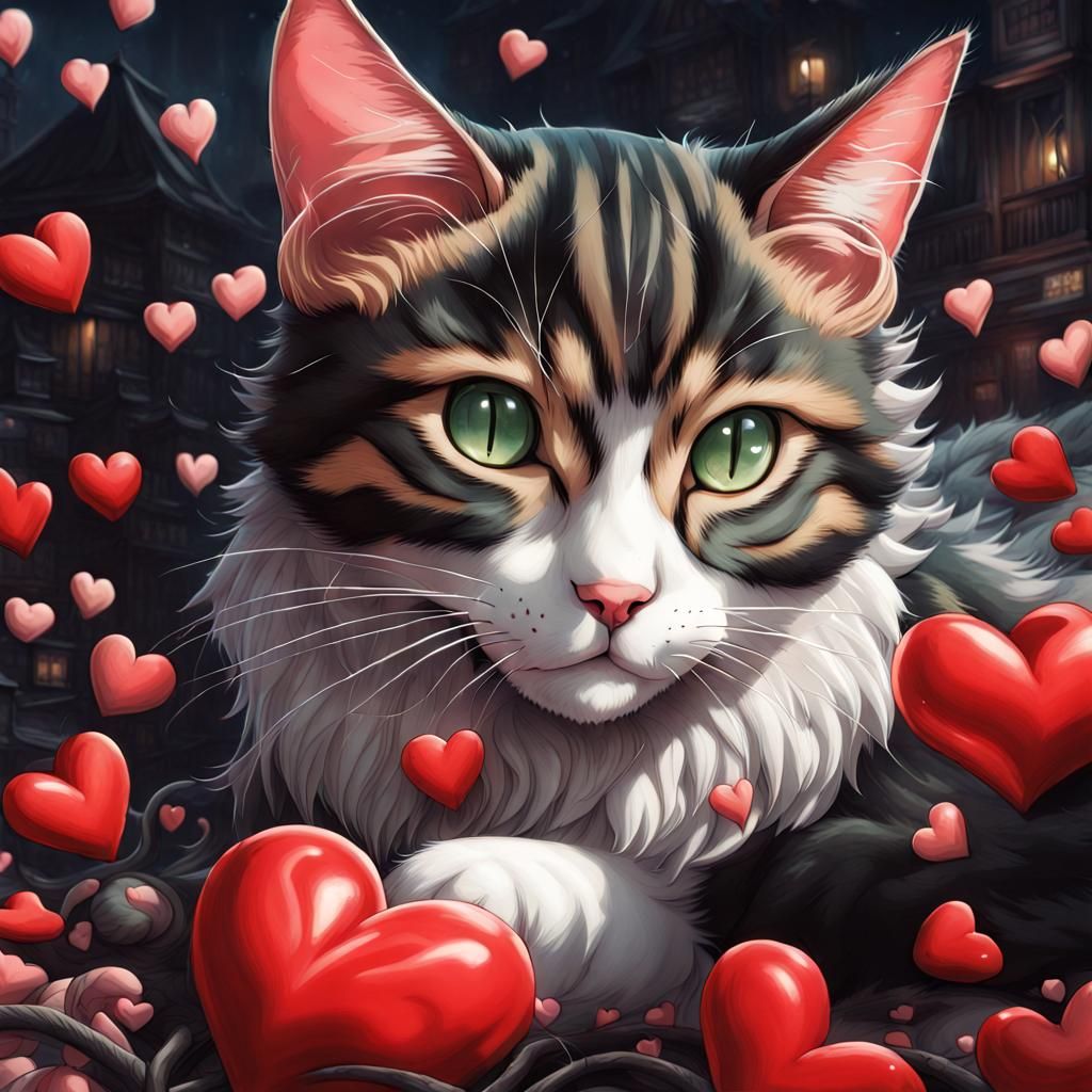 Cats and Hearts in Anime Style