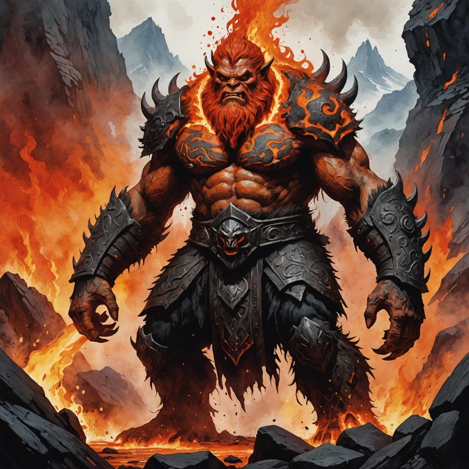 Fiery Fire Giant Troll in Watercolor Style