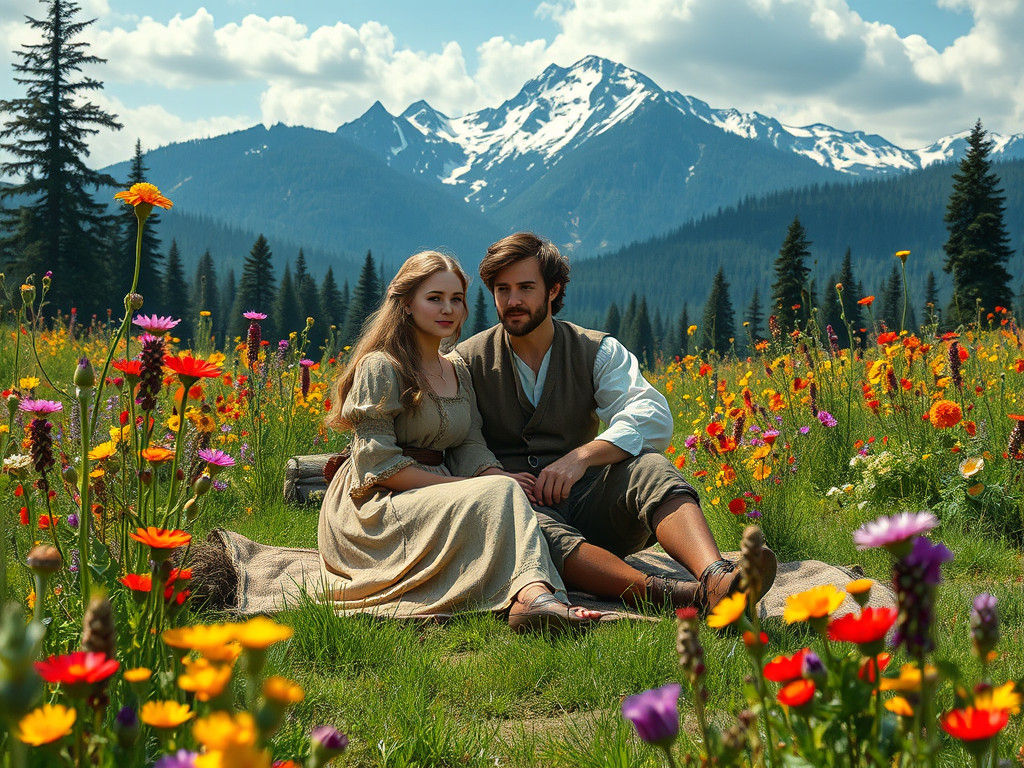 Medieval Couple in Flower Field, Folk Art Style