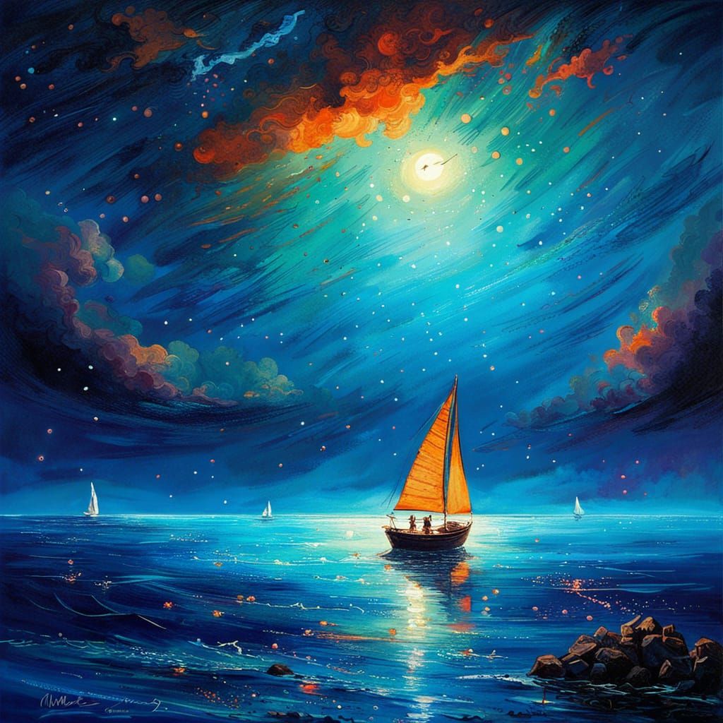 Bioluminescent Hawaiian Seascape Oil Painting