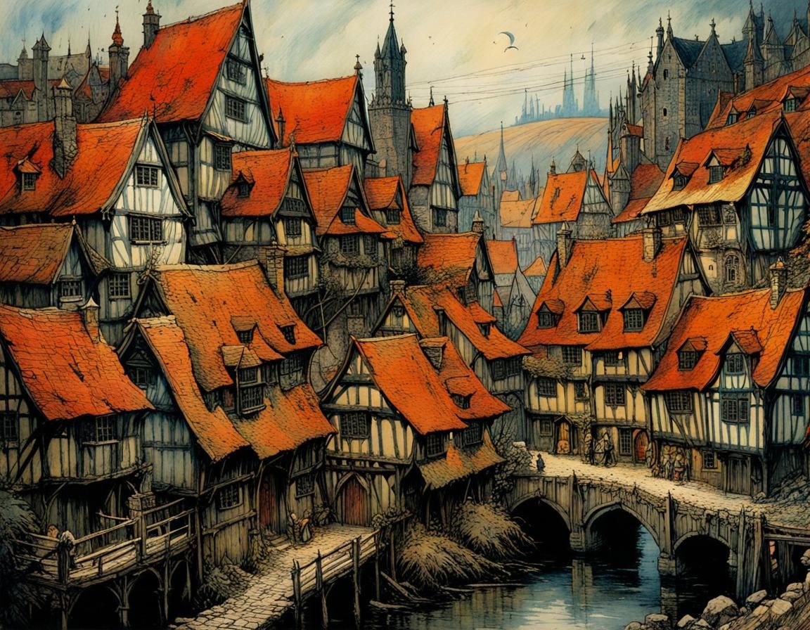 Medieval Town in Surrealist Style