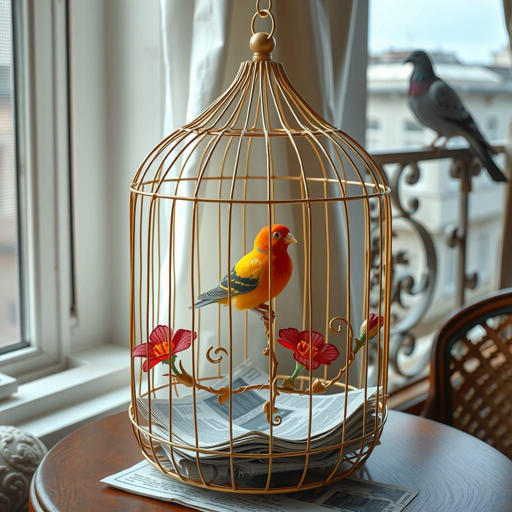 Ornate Golden Birdcage in Cozy Apartment