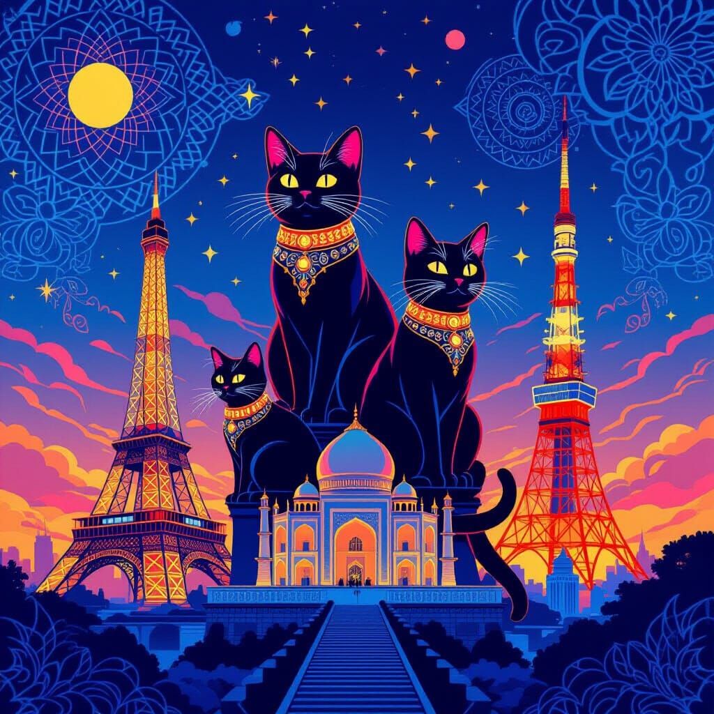 Glowing Cats Perched on World Landmarks