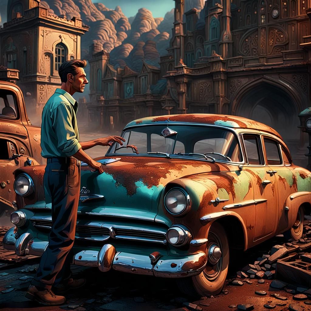Man and Rusty 1956 Car, Detailed Digital Art