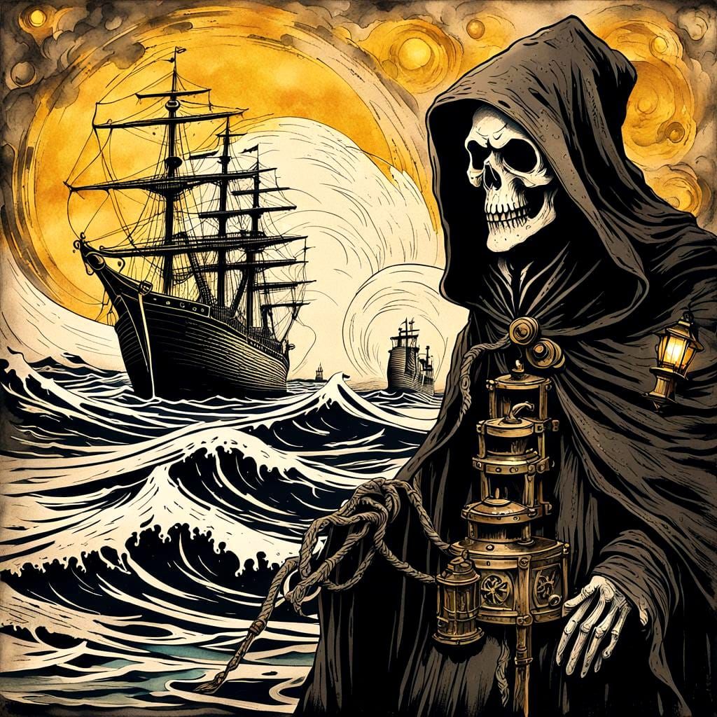 Grim Reaper and Shipwreck in Steampunk Ink Painting