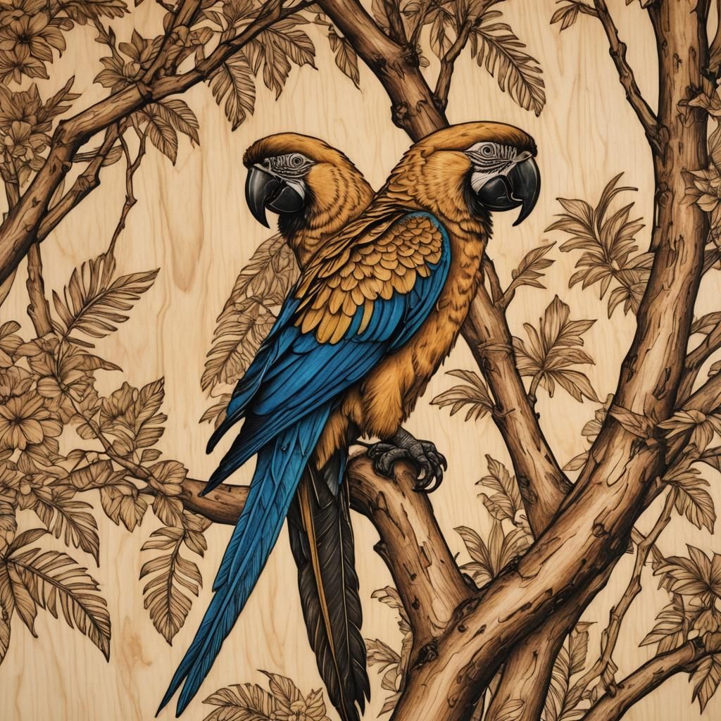 Climbing Macaw in Pyrography Style
