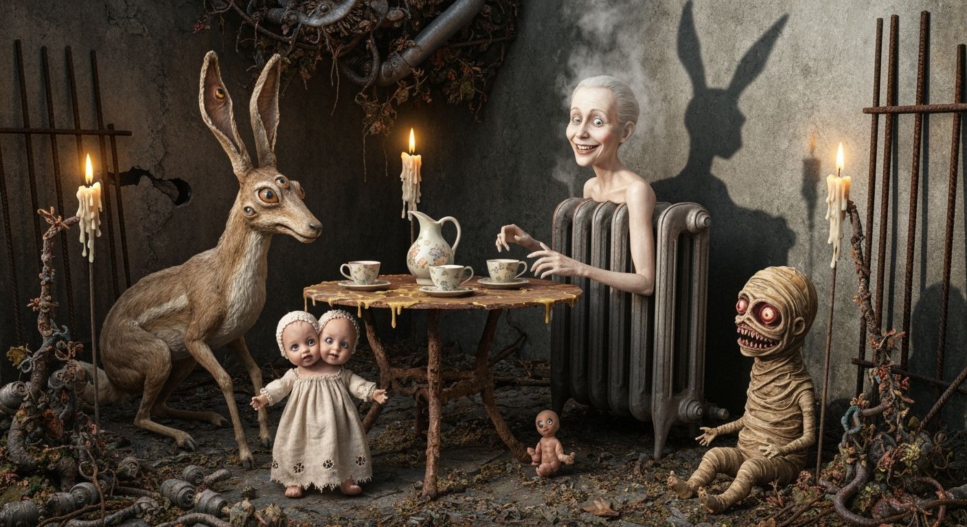 Bizarre Tea Party with Lady in Radiator as Dark Animation