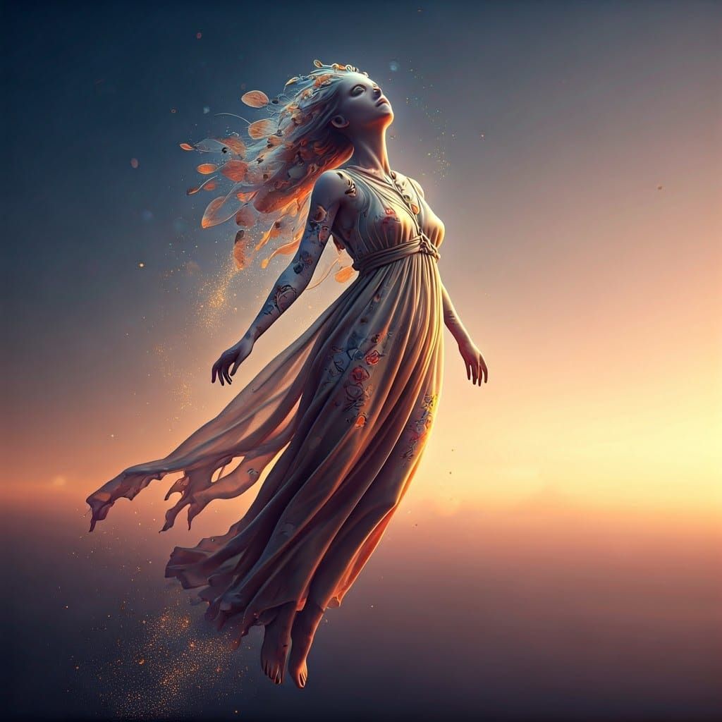 Ethereal Flower-Petal Humanoid Floats on Gentle Breeze