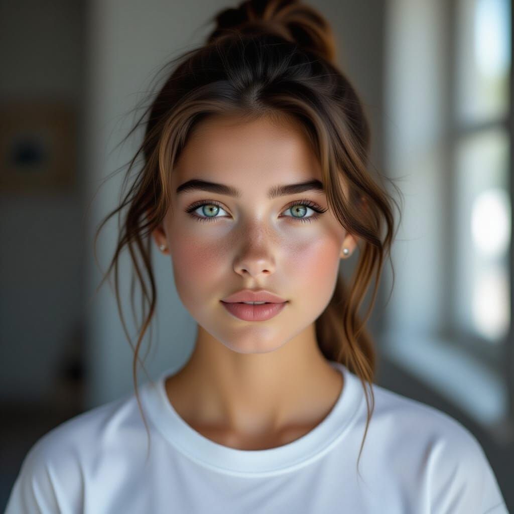 Hyperrealistic Portrait of Freckled Girl with Ponytail