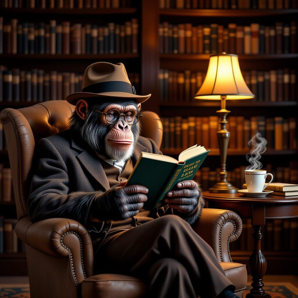 Distinguished Chimpanzee Reads 'How to Read a Book' in Cozy ...