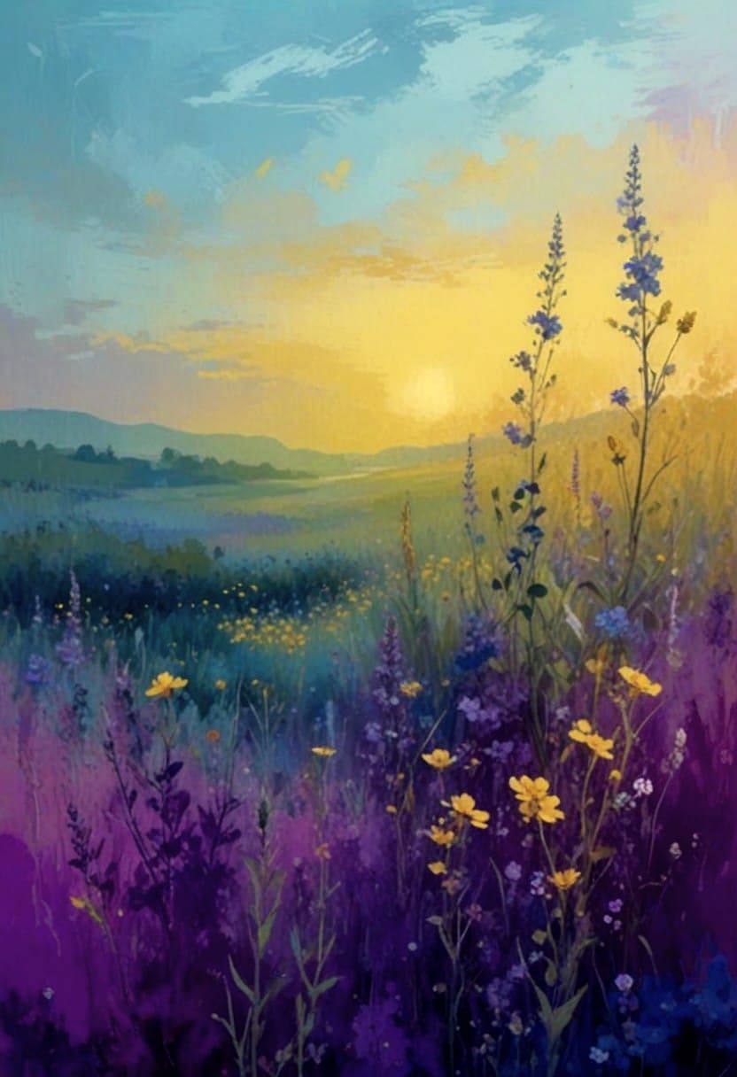 Vibrant Sunset Landscape with Blooming Flowers