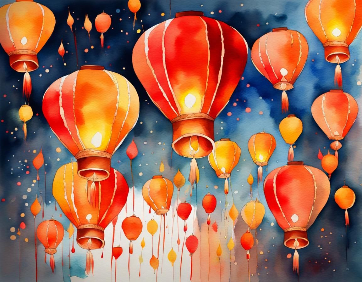 Diwali Celebrations: Sky Lanterns in Watercolor Art
