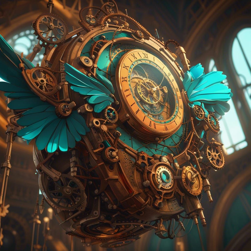 Steampunk Flying Clock in Art Nouveau Style